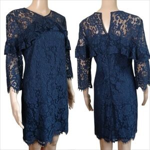 Trina Turk navy lace‎ mini sheath dress with ruffle sleeves